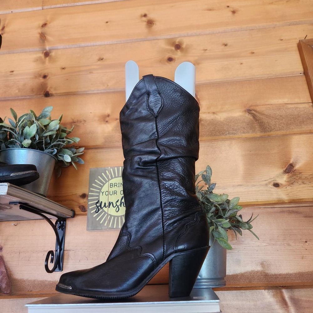 Vibram Sole Vintage Black Leather Western Slouch Heel Cowgirl Boots Festival 6M - Picture 2 of 9